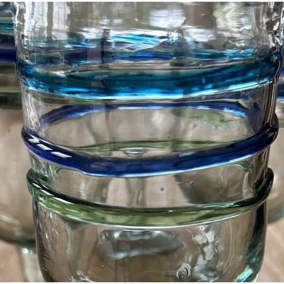 Lot Of 4 Pier 1 Blown Glass Water Goblets Raised Rings Bubbles Blue Vintage - Picture 4 of 4